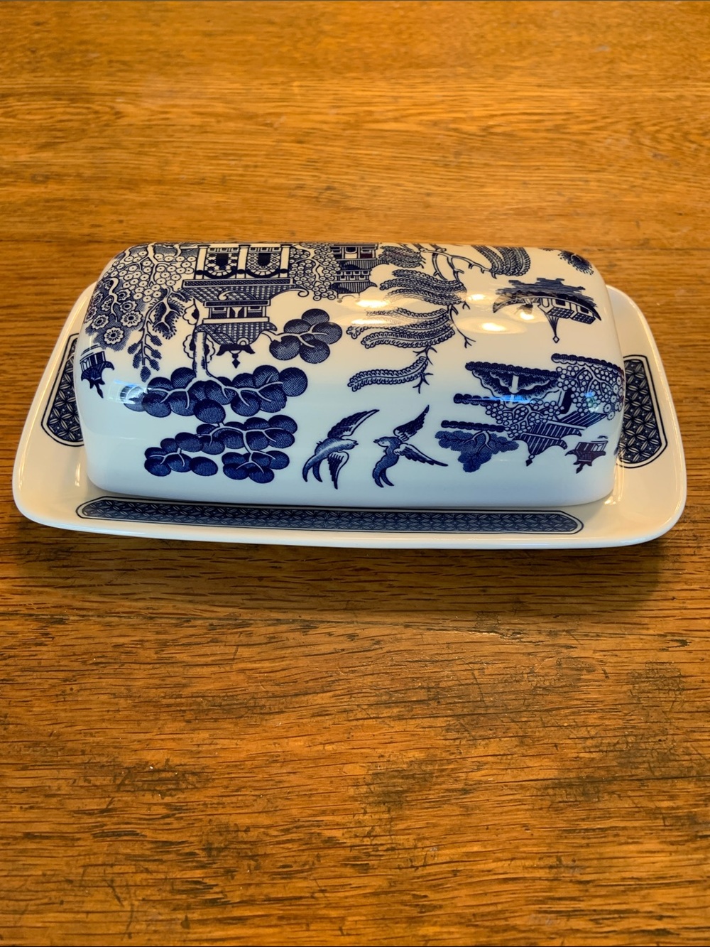 Vintage Churchill Blue and White Porcelain Covered Butter Dish with Willow Motif